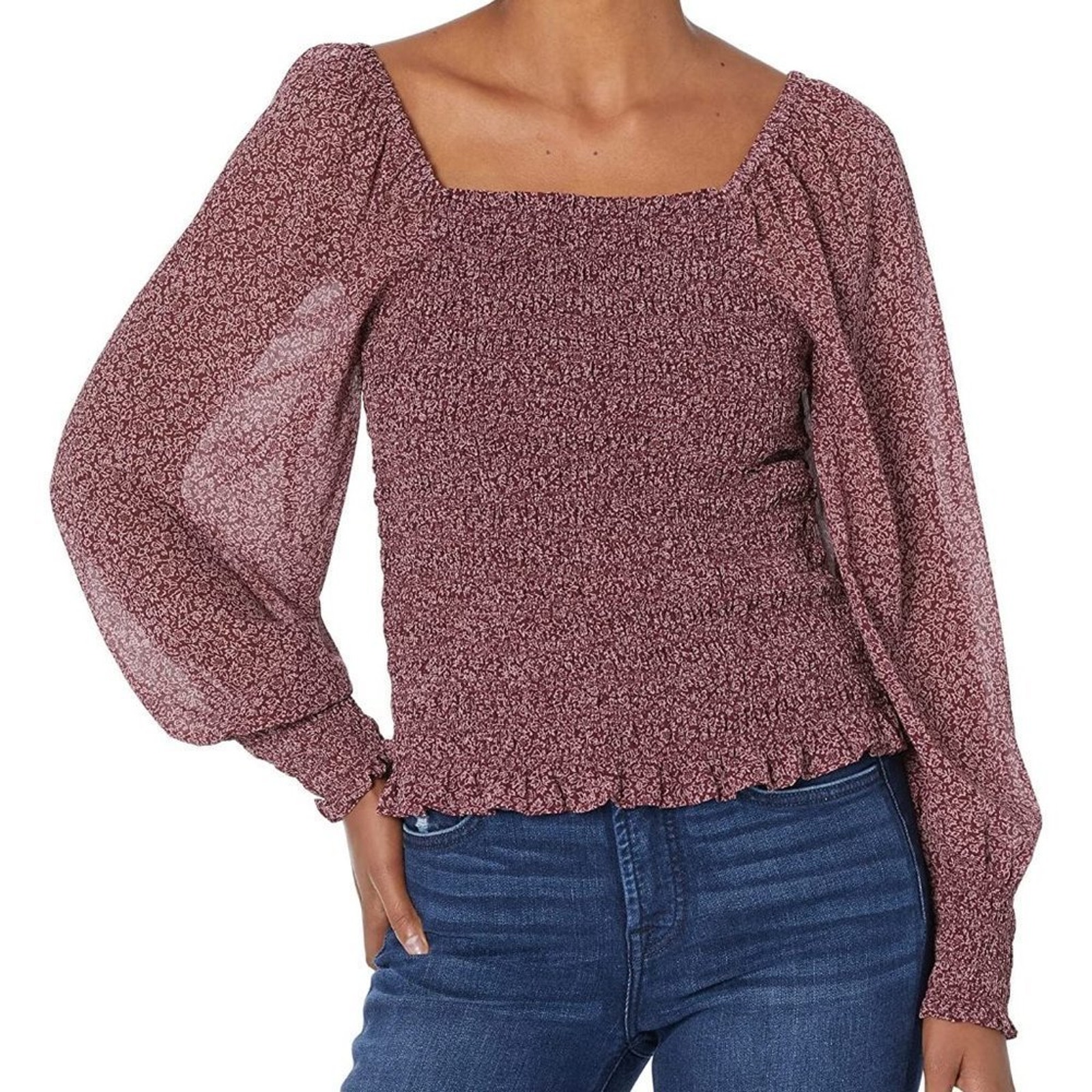 Madewell Lucie Bubble-Sleeve Smocked Top In Vintage Mulberry Size Small Nwt